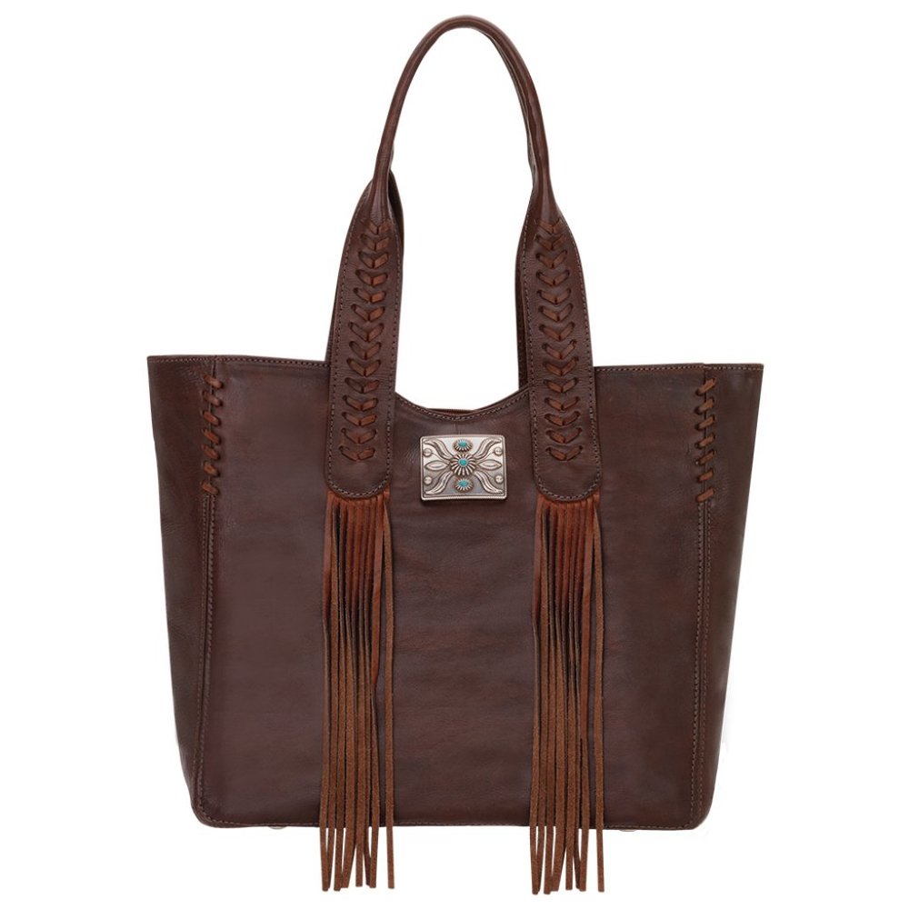 American West Brown Leather Fringe Tote with Turquoise Accent